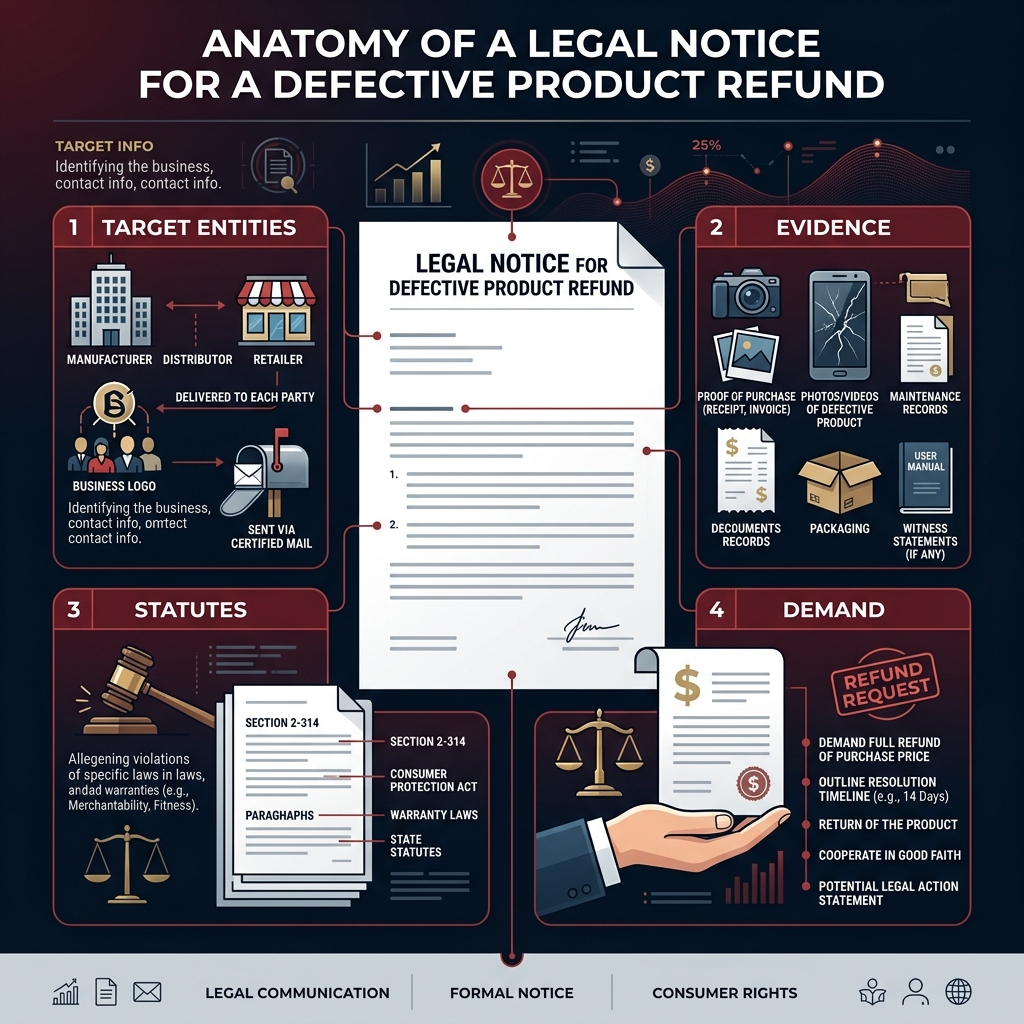 Infographic showing the essential elements of a legal notice for a defective product refund, including statutory citations and demand structure.