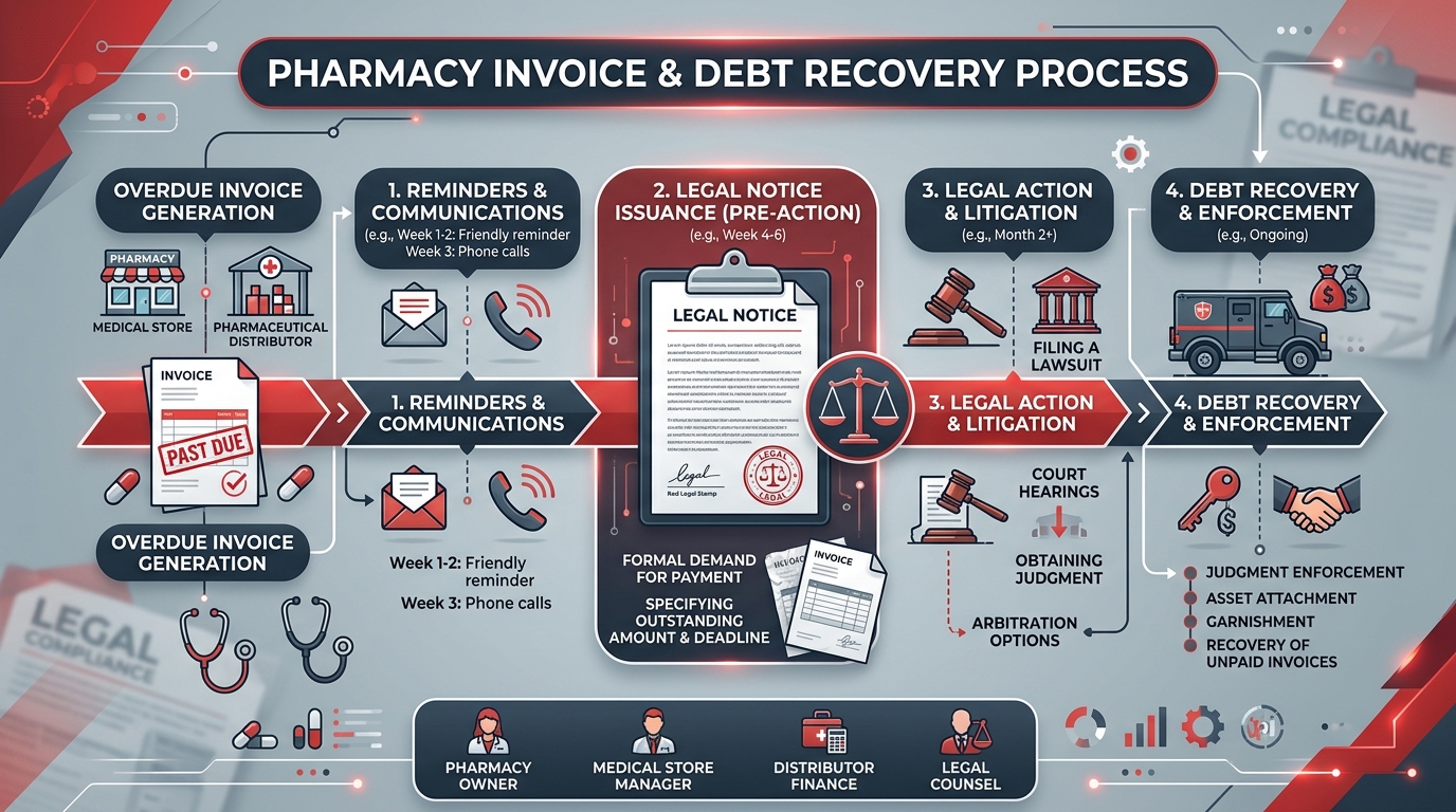 Pharmacy Invoice and Debt Recovery Legal Notice Process Infographic